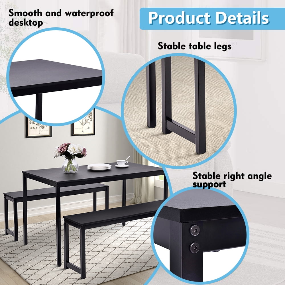 uhomepro Dining Room Table Set, 3-Piece Breakfast Nook Dining Table Set with Two Benches, Dining Room Table Set Kitchen Table Set with Metal Frame, Modern Furniture for Home Cafeteria, Black