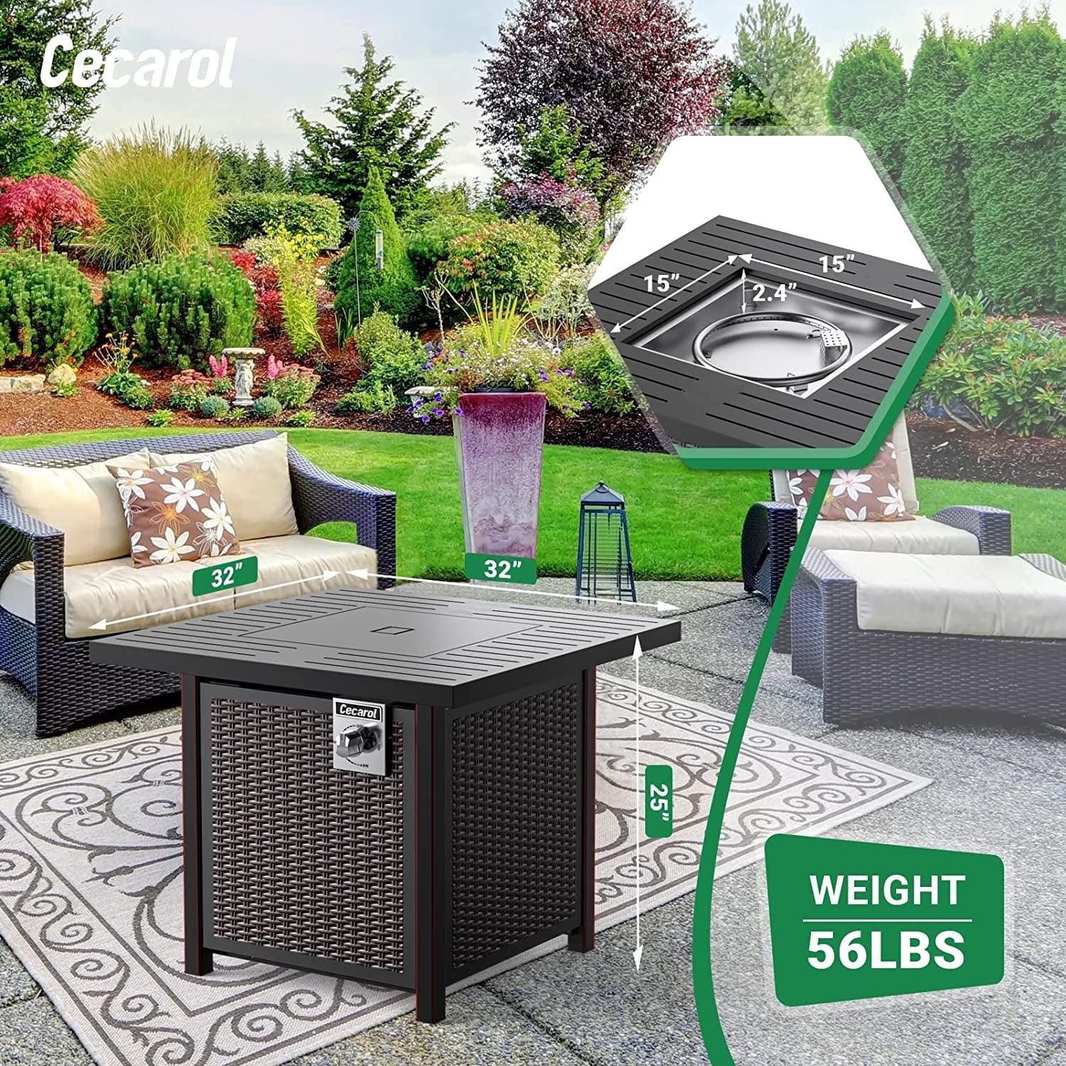 CECAROL 32 inch Propane Fire Table with Lid, Auto-Ignition 50000 BTU with External Igniter