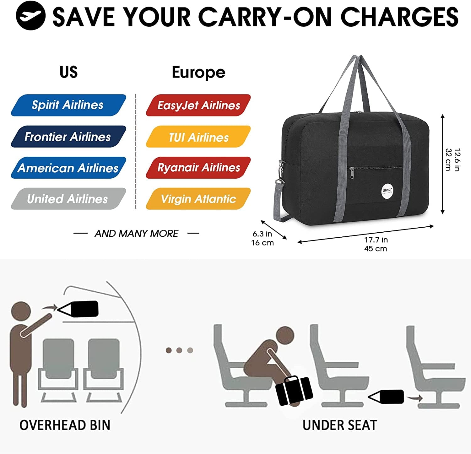 For Spirit Airlines Personal Item Bag 18x14x8 Travel Duffel Bag Underseat Foldable Carry-on Luggage for Women,Black with Shoulder Strap