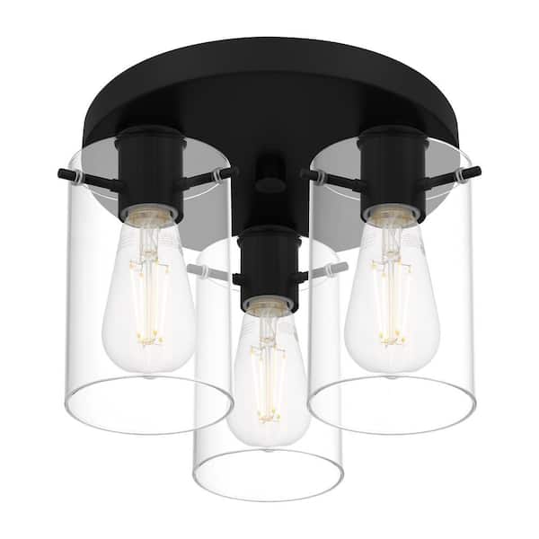 Regan 11.75 in. 3-Light Matte Black Flush Mount with Clear Glass Shades