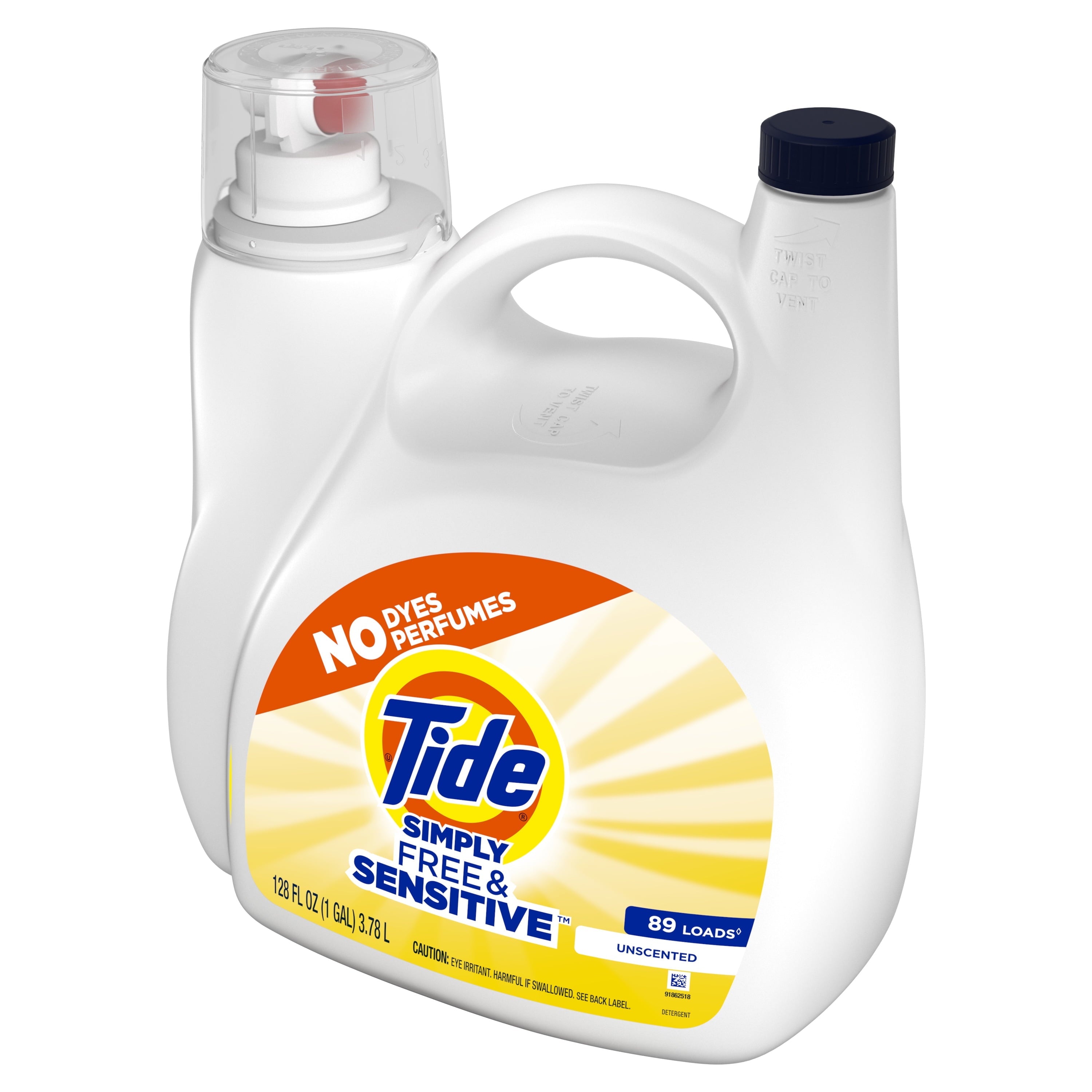 Tide Simply Liquid Laundry Detergent, Free & Sensitive, 128 fl oz, 89 Loads