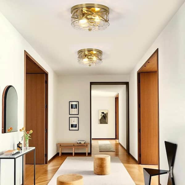 12 in. 2-Light Brass Gold Flush Mount Water Ripple Glass Ceiling Light with Metal Frame