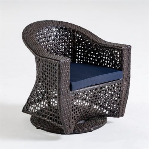 Noble House Big Sur Patio Swivel Chair Wicker with Cushion Multi-Brown/Na<wbr/>vy Blue
