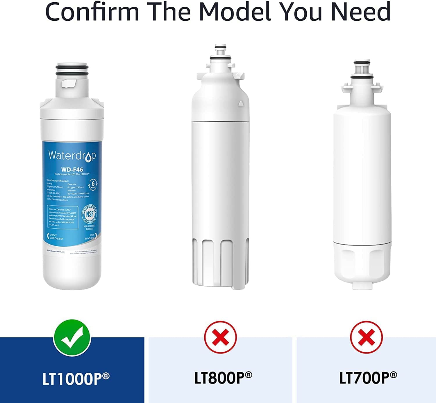 Waterdrop LT1000PC ADQ747935 MDJ64844601 Refrigerator Water Filter, Replacement for LG® LT1000P®, ADQ74793501, ADQ74793502, Kenmore 46-9980, 9980, LFXC24796S, LSFXC2496D, NSF Certified, Pack of 3