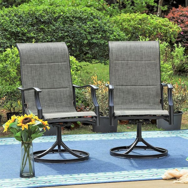 Black Swivel Padded Textilene Metal Outdoor Dining Chair with Wave Arms (2-Pack)