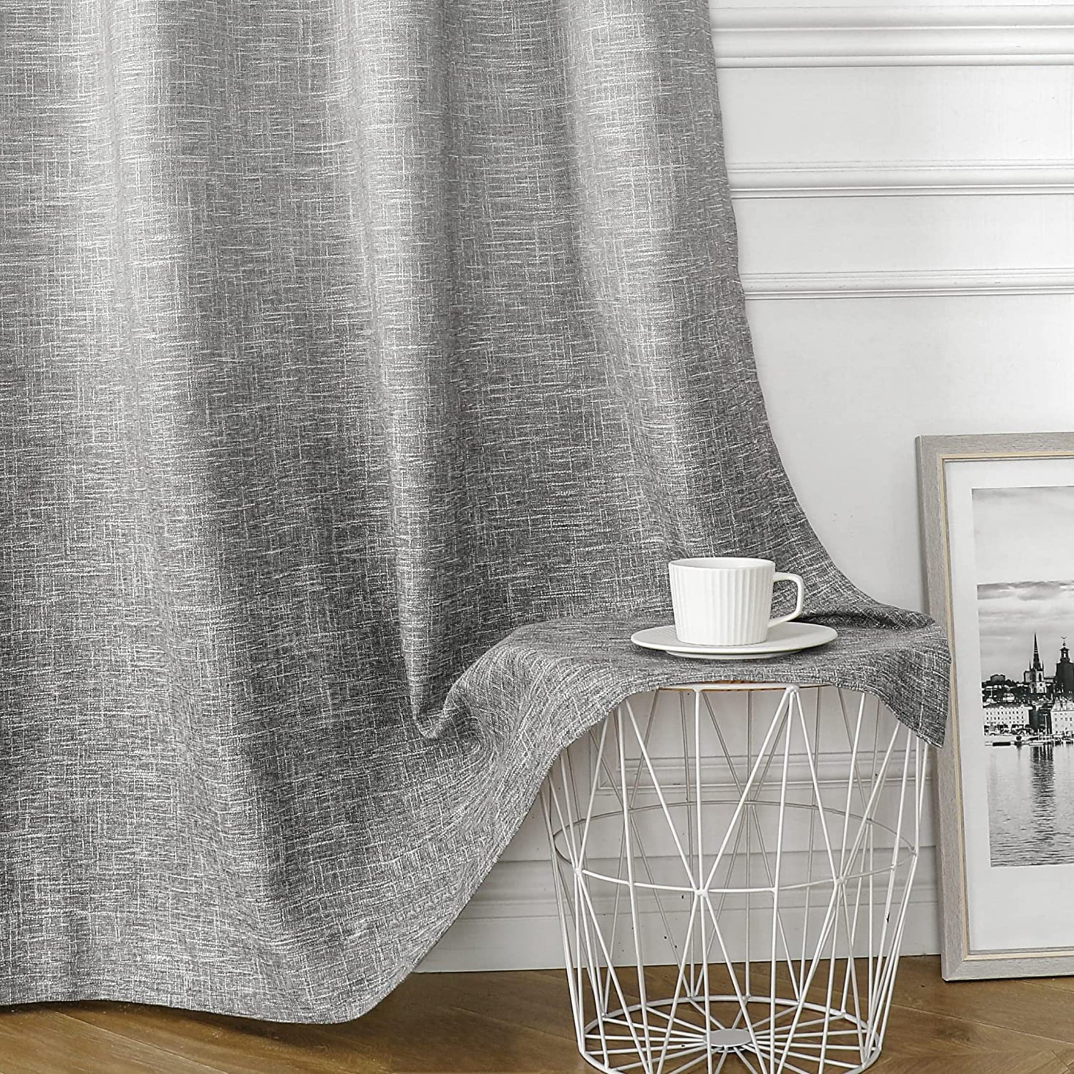 Uptown Home Gray White Ombre Full Blackout Window Curtain Panels Linen Texture Greyish White Liner Gradient Grommet Drapes for Bedroom Living Room, 50