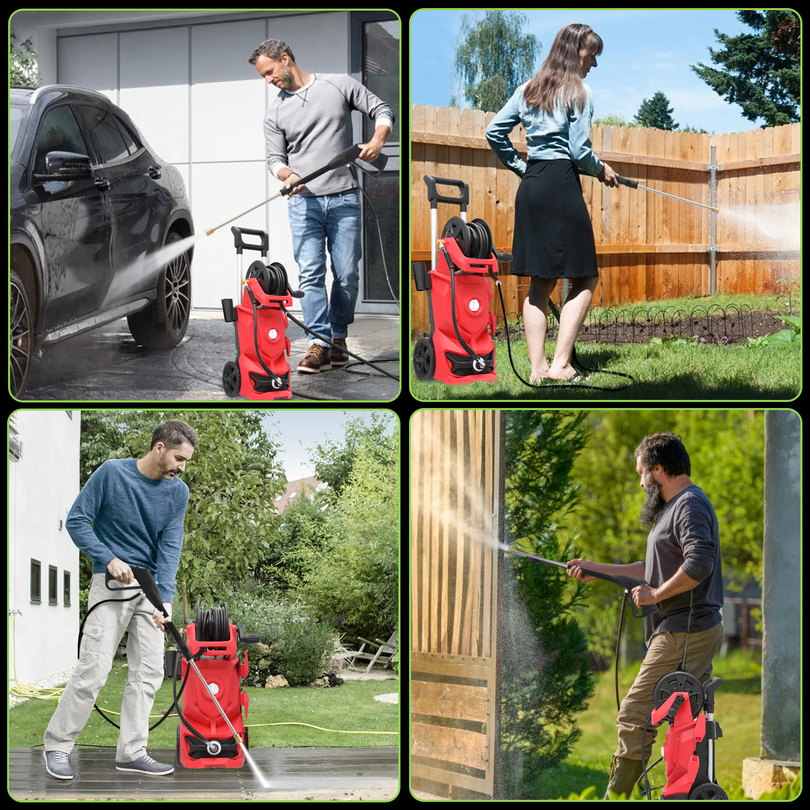 Magshion Electric Pressure Washer, 2180 PSI, Max. 1.5 GPM Power Washer with 19.5 ft Hose, 4 Nozzles, Foam Cannon and Hose Reel, for Patios Cars Fences Driveways, Green