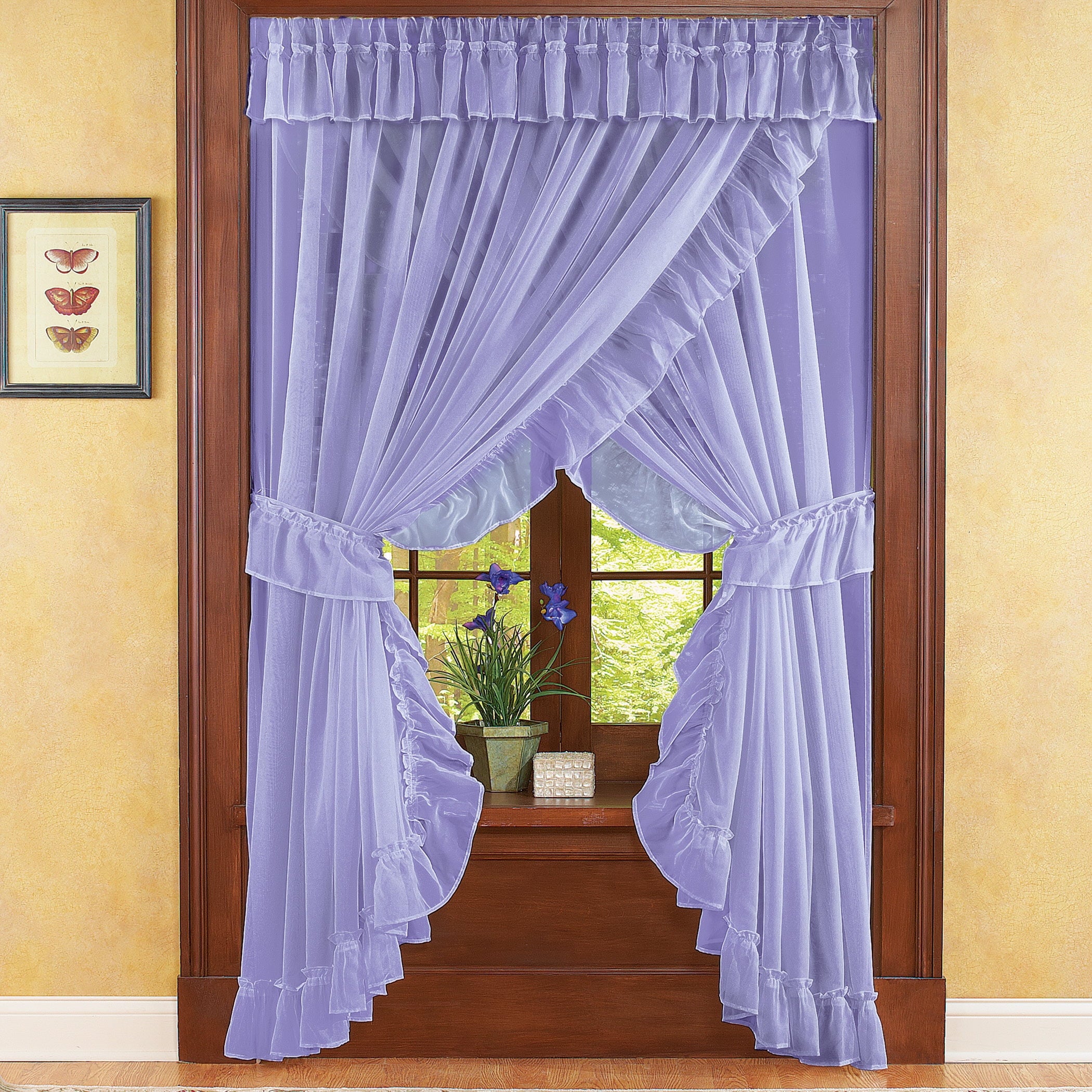 Collections Etc Isabella Ruffled Sheer Fabric Rod Pocket Window Curtain Set, Lilac