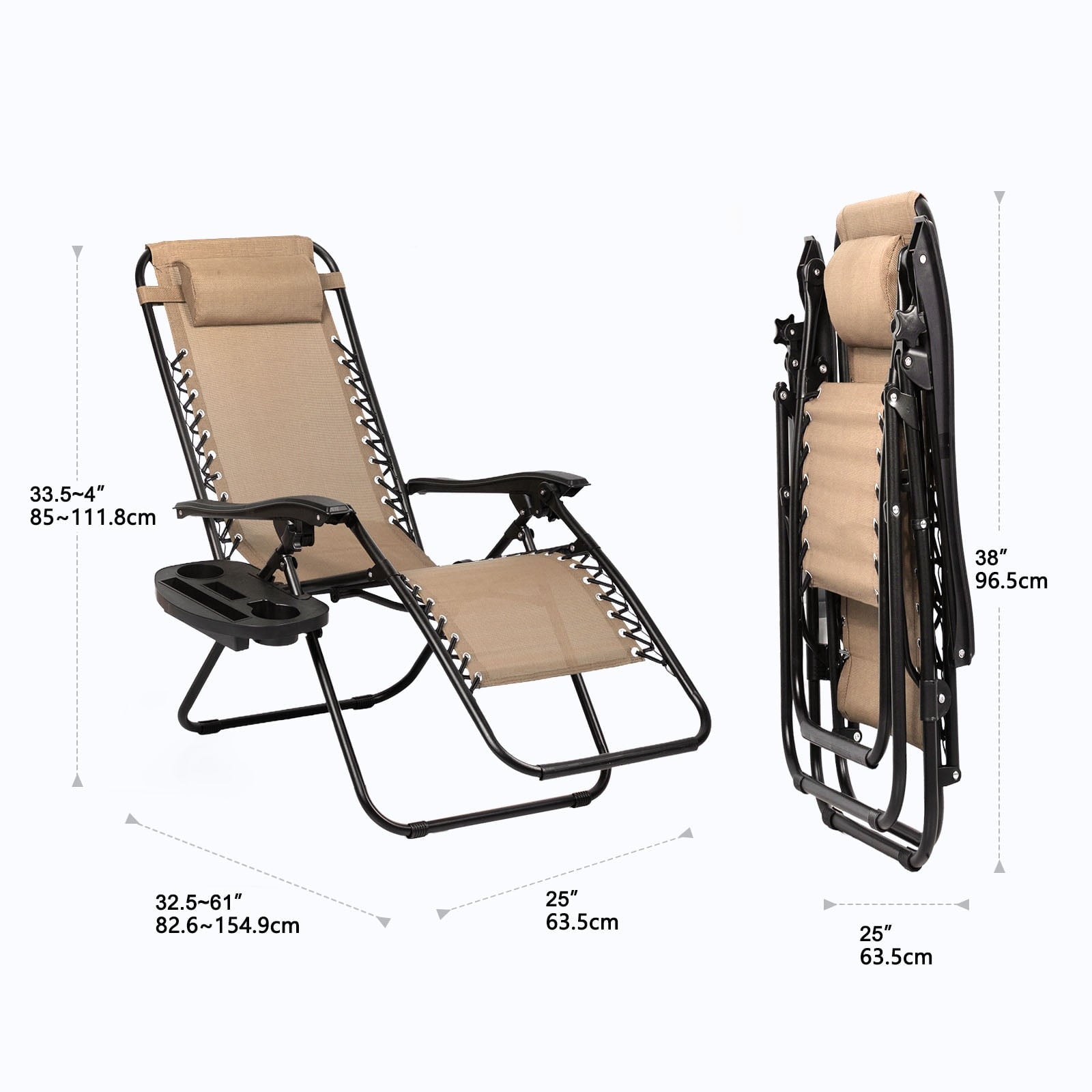Nazhura Set of 2 Relaxing Recliners Patio Chairs Adjustable Steel Mesh Zero Gravity Lounge Chair Recliners with Pillow and Cup Holder (Khaki)
