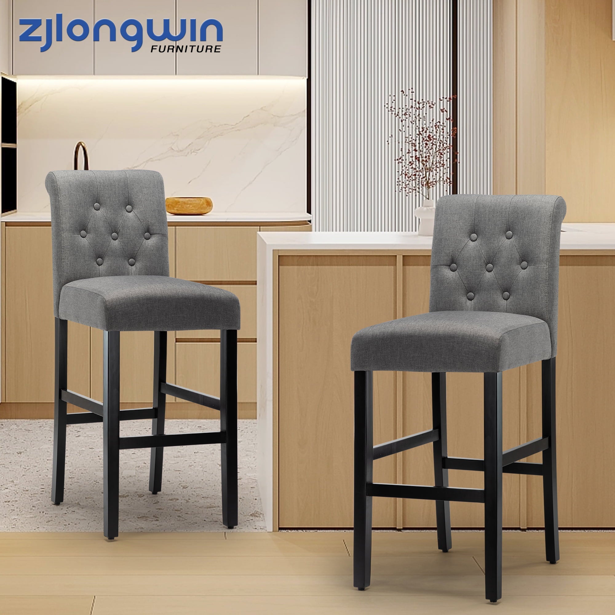 Bar Height Full Back Button Tufted Fabric Upholstered Bar Stool, Gray, Set of 2