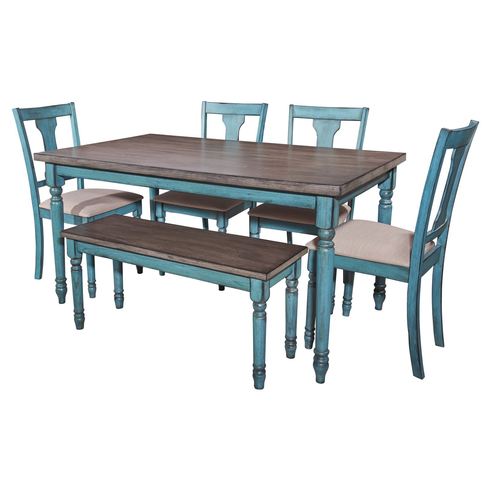 Powell Willow Farmhouse Dining Bench, Burnished Smoke and Distressed Teal Blue