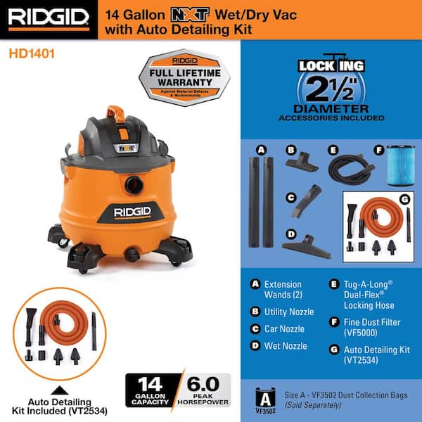 14 Gallon 6.0 Peak HP NXT Wet/Dry Shop Vacuum with Fine Dust Filter, Hose, Accessories and Premium Car Cleaning Kit