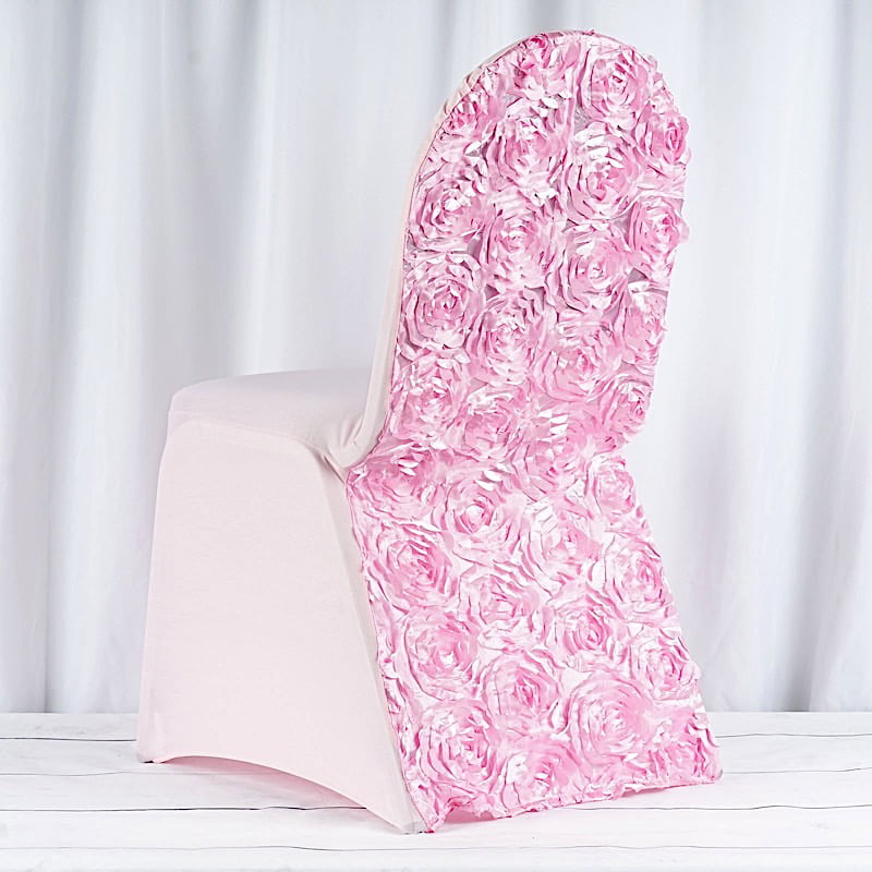 BalsaCircle Pink Satin Raised Roses Spandex Stretchable Banquet Solid Chair Covers Slipcovers