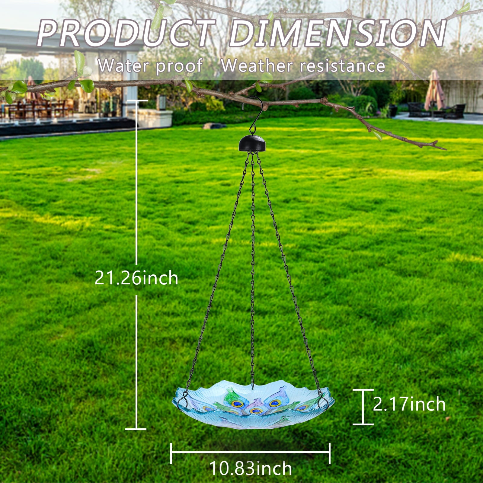 Hanging Peacock Bird Bath Glass for Garden,Yard,Patio Decoration