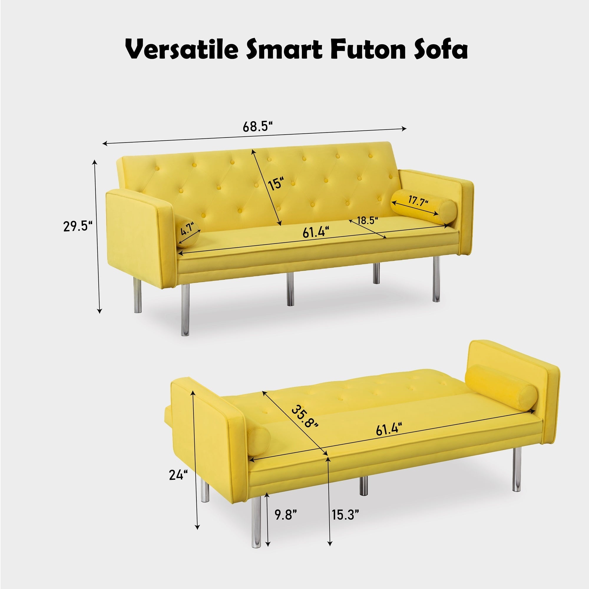 Modstyle Futon Sofa Bed, Velvet Convertible Sleeper Sofa with Pillows, Yellow