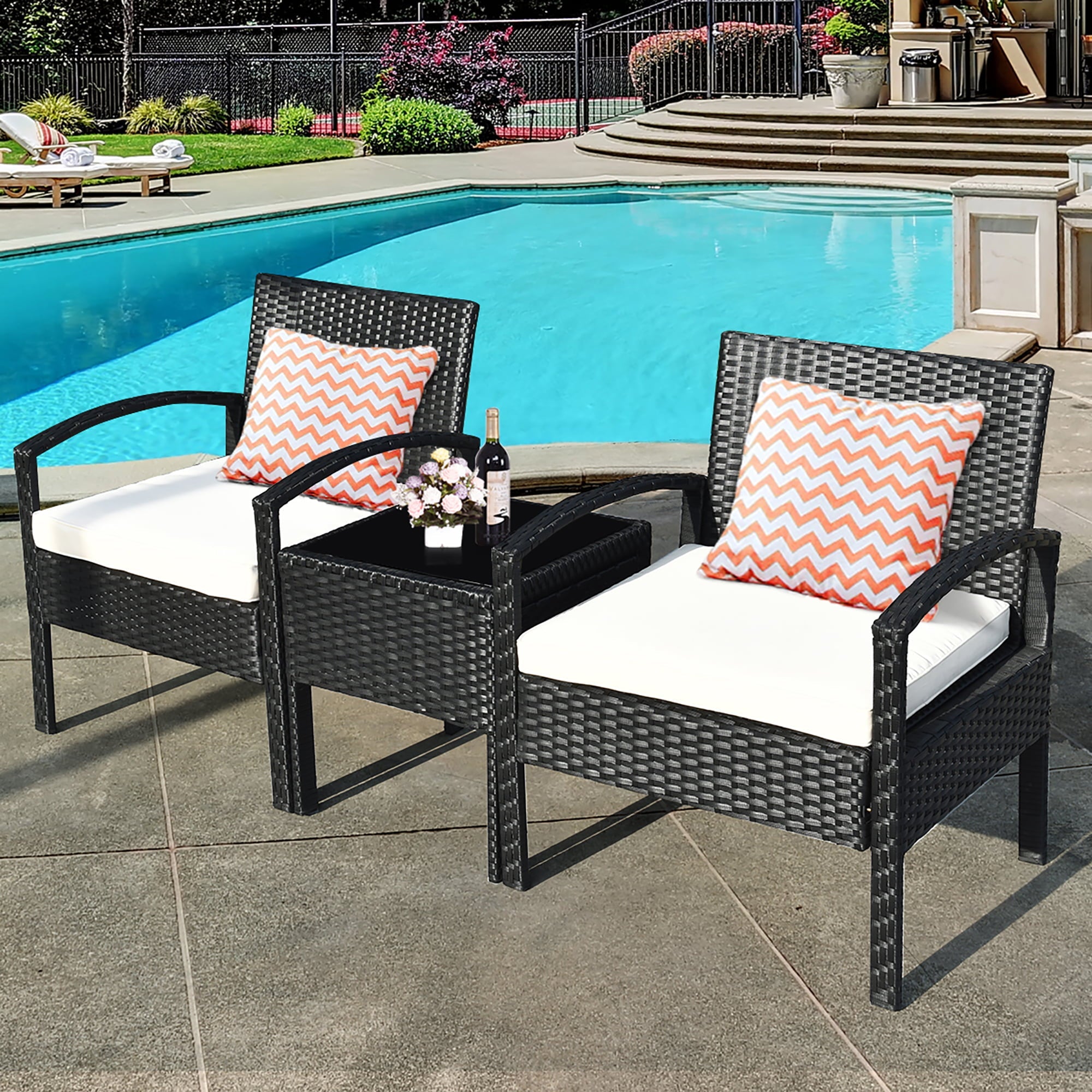 Costway 3PCS Patio Rattan Furniture Set Coffee Table & Chairs Set with Seat Cushions Garden