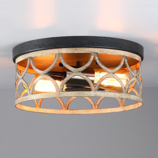 12 in. 2-Light Bronze and Wood Tone Flush Mount Ceiling Light