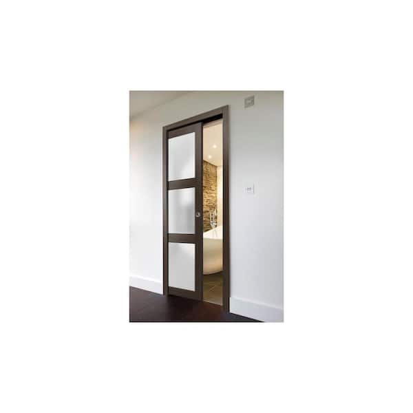 2552 32 in. x 80 in. 3 Panel Brown Finished Wood Sliding Door with Pocket Hardware