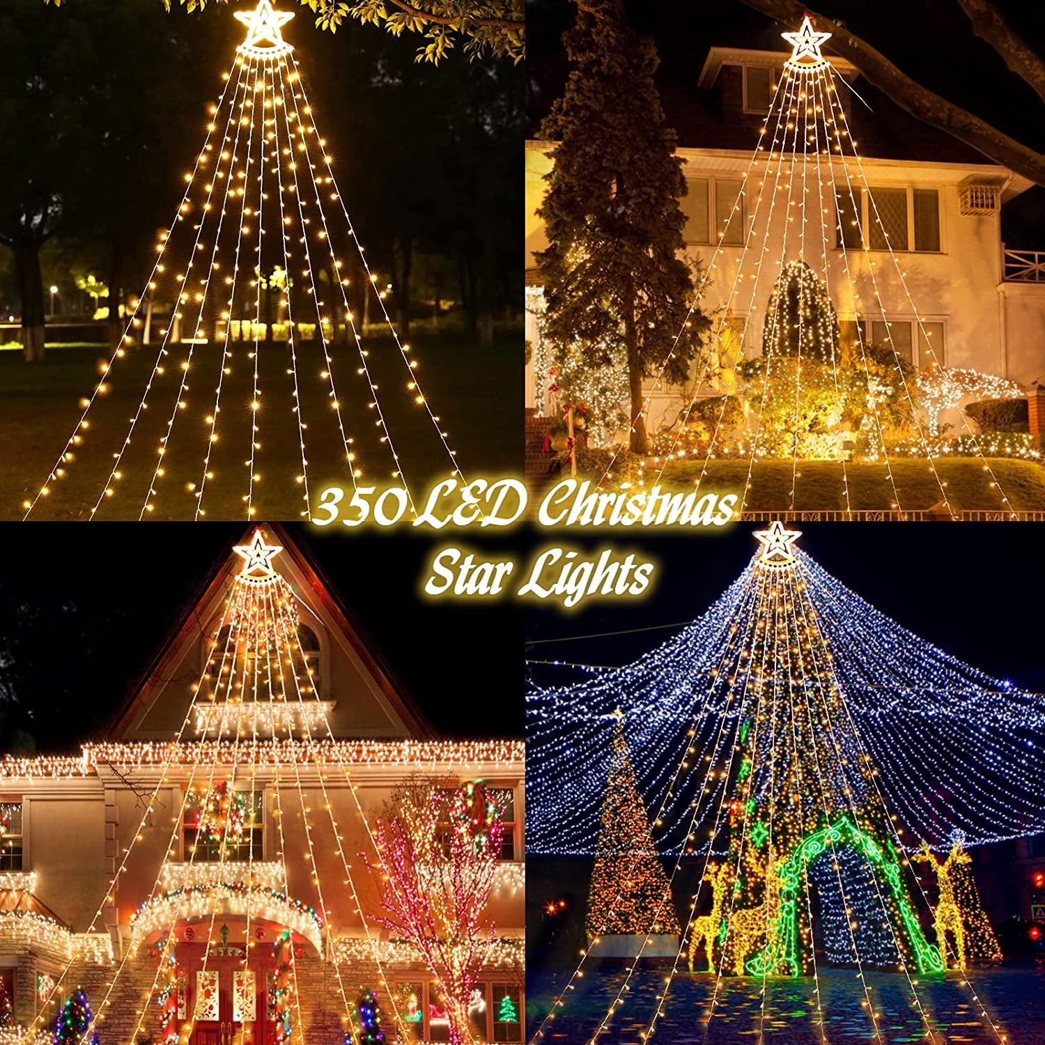 Magotan Outdoor Christmas Decorations, 350 LED Christmas Lights with 9 Strands 12.5ft Waterfall Christmas Tree Lights, 8 Modes, Waterproof, Topper Star & Timer for Yard Patio Xmas Decor, Warm White