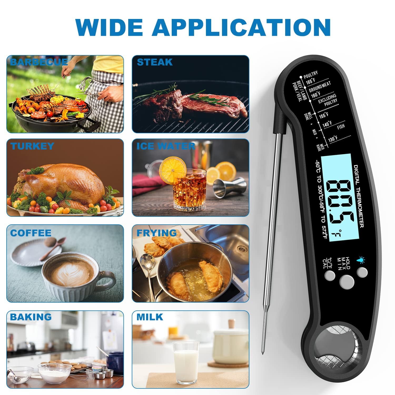 Instant Read Meat Thermometer Digital, delpattern Food Thermometer for Cooking, Waterproof Grill Thermometer with Backlight&Calibration for Baking,Liquids,Candy, Black