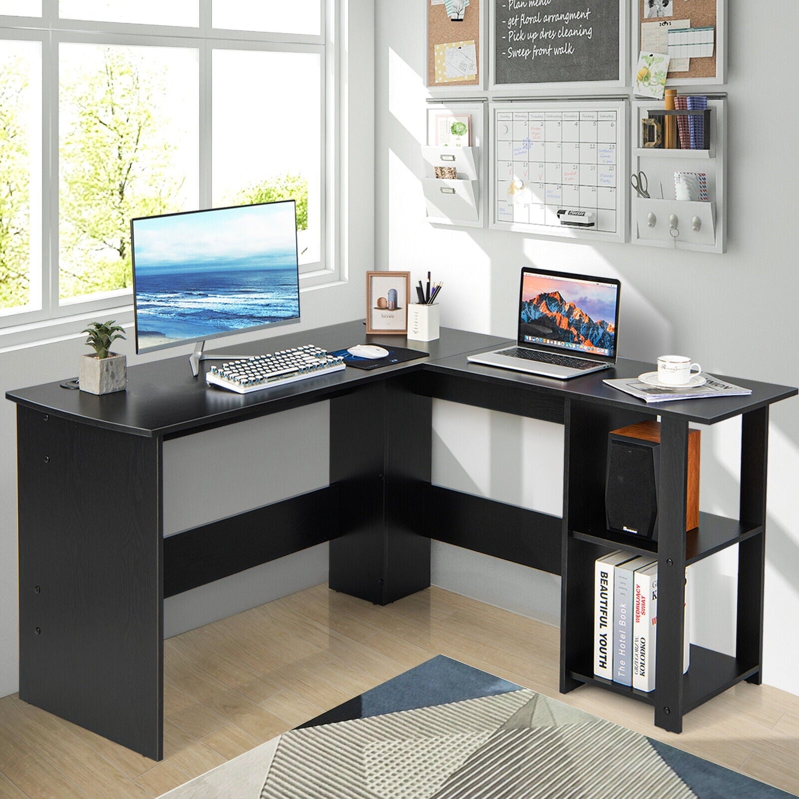 Gymax L-Shaped Office Computer Desk w/ Spacious Desktop & 2-Tier Open Shelves Black