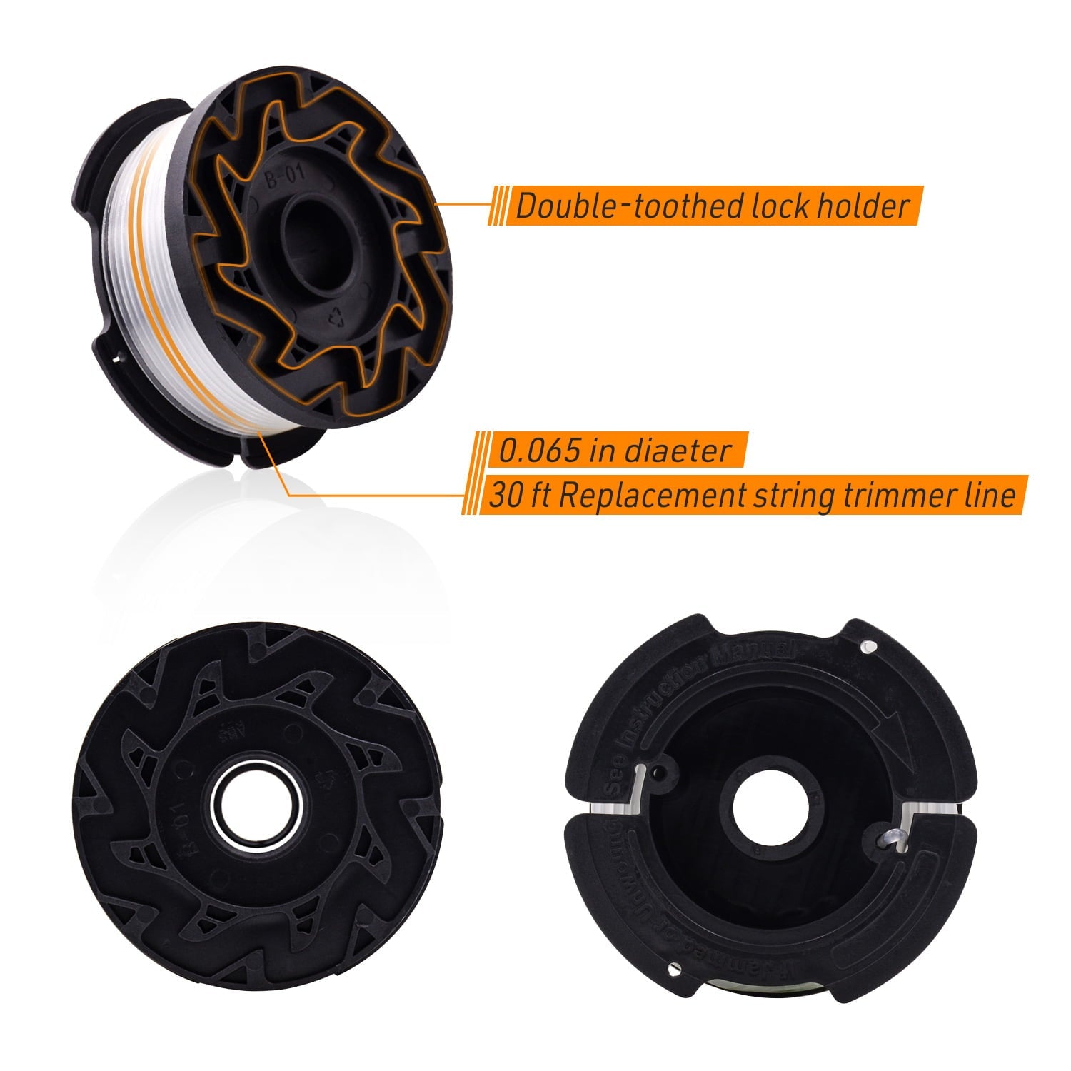 Green Box Innovations 6-Pack 30ft .065 String Trimmer Line Replacement Spool for Black+Decker AF-100 Weed Eater Line Spool with Automatic Feed System (6Spool + 1Spring + 1Cap)