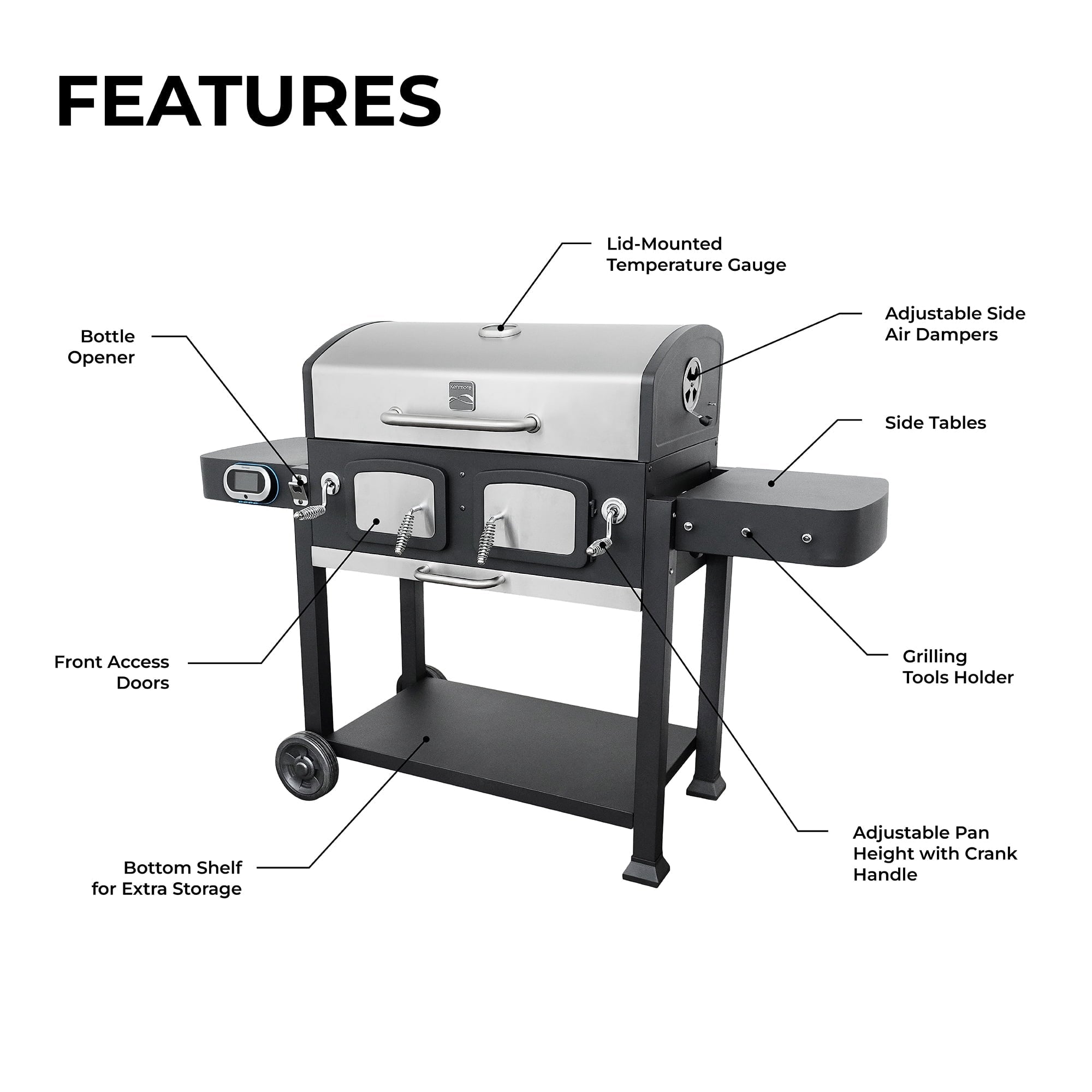32-inch Smart Charcoal Grill with Bluetooth Meat Thermometer, LCD Display, and Temperature Probes, Stainless Steel/Black