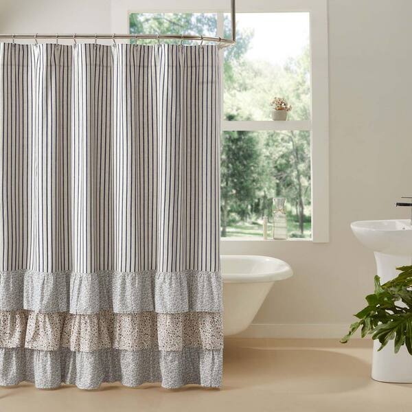 Kaila 72 in Navy Creme Gold Ticking Stripe Ruffled Shower Curtain
