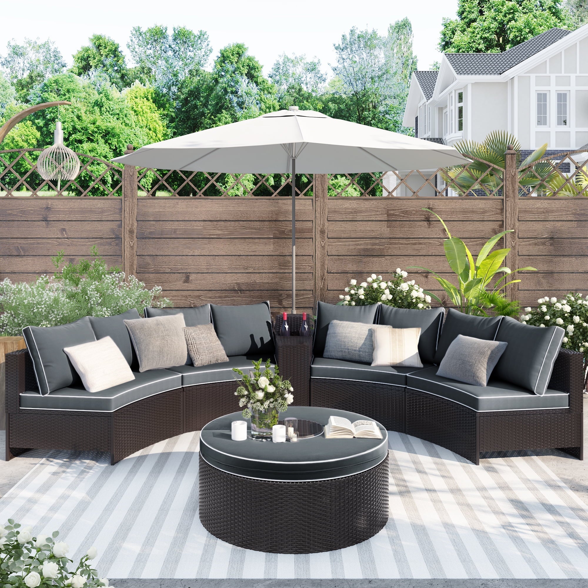 BTMWAY 6 Piece Outdoor Patio Sofa Furniture Set, BTMWAY PE Wicker Half Moon Outdoor Sectional Sofa Set with Side Table for Umbrella, Multifunctional Round Table, Gray Cushions, Pillows, Brown Rattan