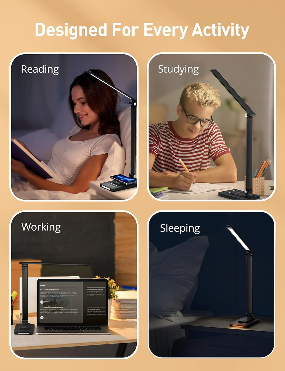 TaoTronics Desk Lamp, Reading Light with Wireless Charger, Dimmable Lamp with 5 Lighting Modes 5 Brightness Levels,60 Min Timer & Touch Control, LED Lights for Bedroom, Black