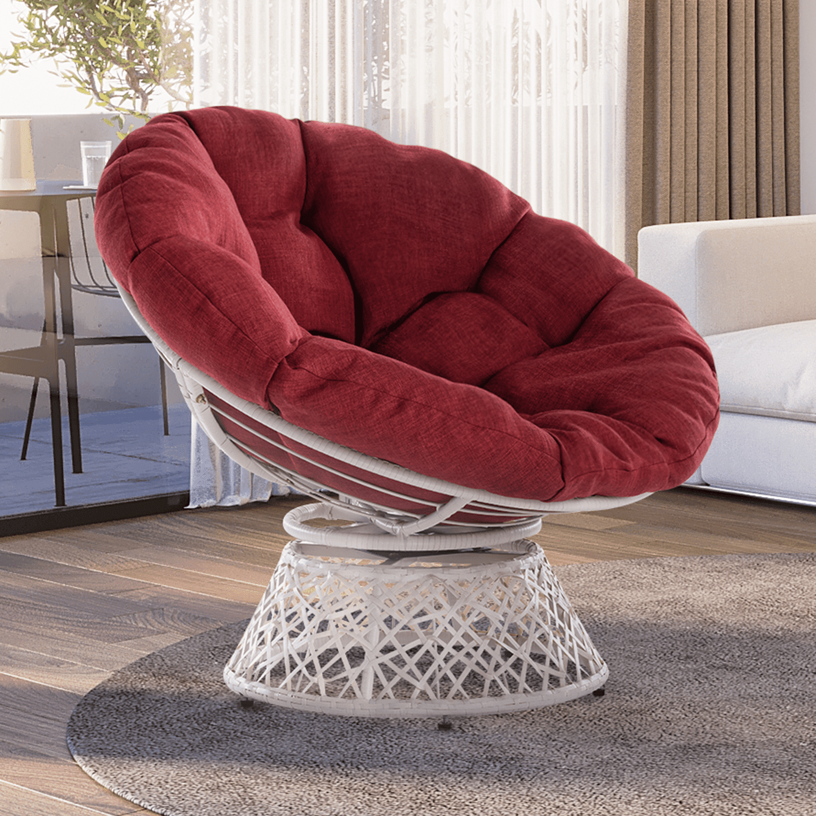 Aile 360 Swivel Comfy Papasan Chair with Fabric Cushion, Sturdy Metal Frame (Pure Pearl - White Frame)