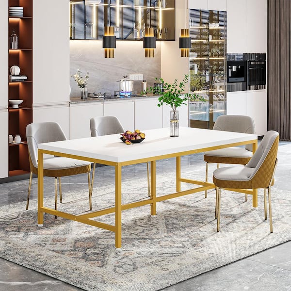 Roesler Modern White and Gold Wood 63 in. W Cross Legs Dining Table Seats 4-6 with Heavy Duty Metal Legs