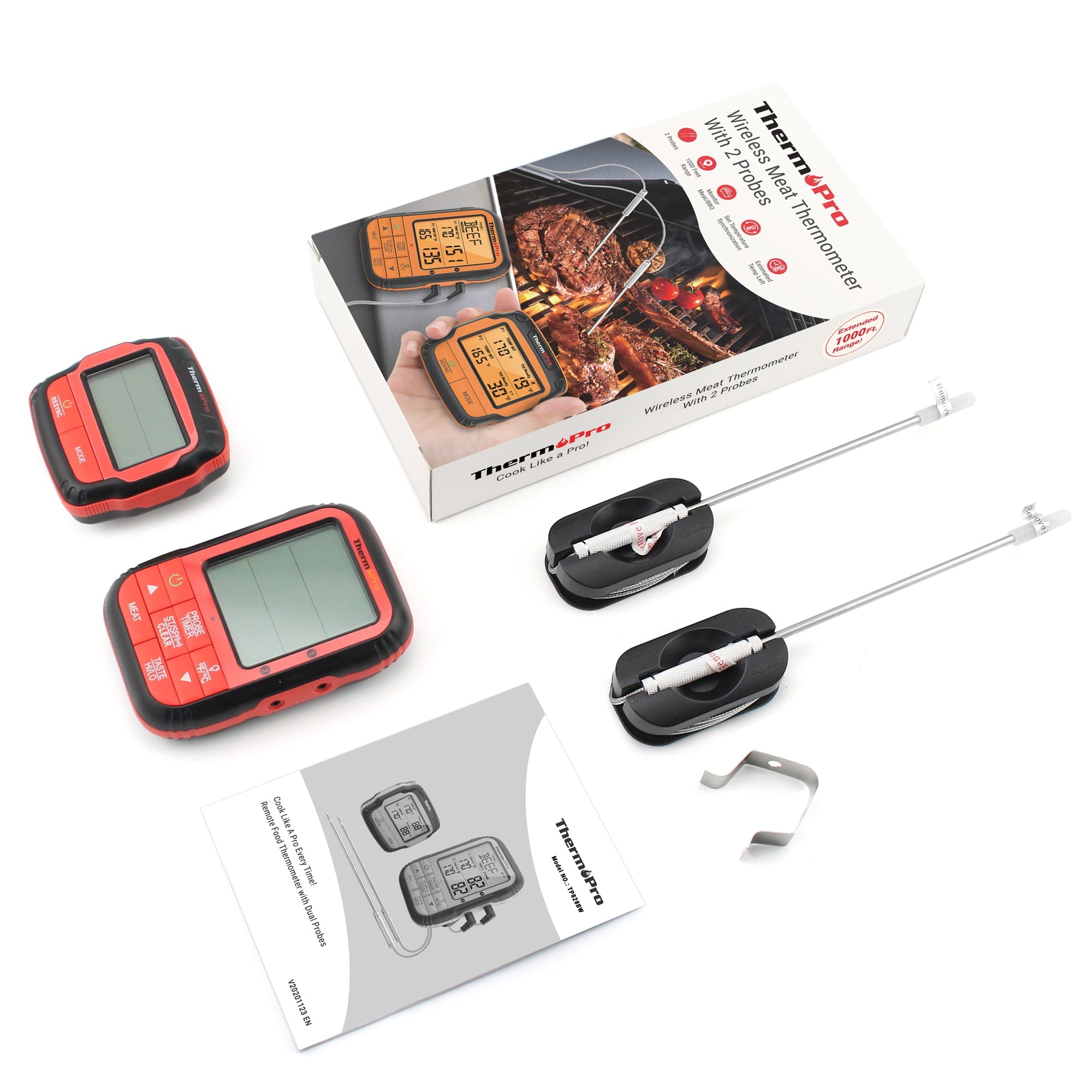 ThermoPro TP828BW Wireless Meat Thermometer with Dual BBQ Probe, 1000FT Grill Thermometer for Outside Grill, Meat Thermometer for Smoker Oven Grill, Digital Food Thermometer for Beef Turkey Lamb