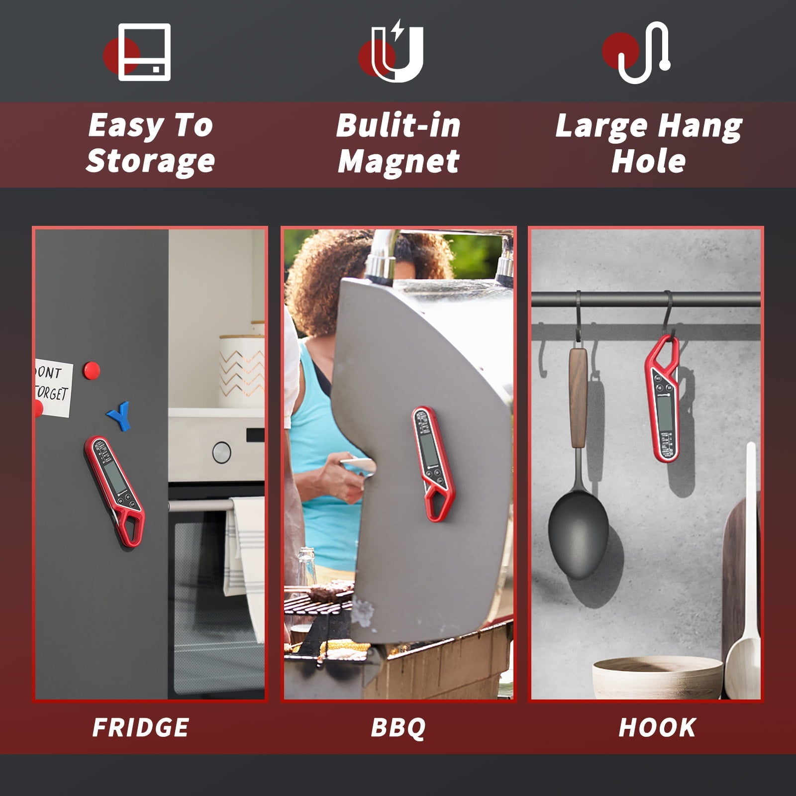 Digital Meat Thermometer 2-in-1 Grillthermometer Instant Read with Temperature Alarm, large LCD Screen, Magnet, Food Thermometer best for BBQ Grill Oven Cooking Kitchen