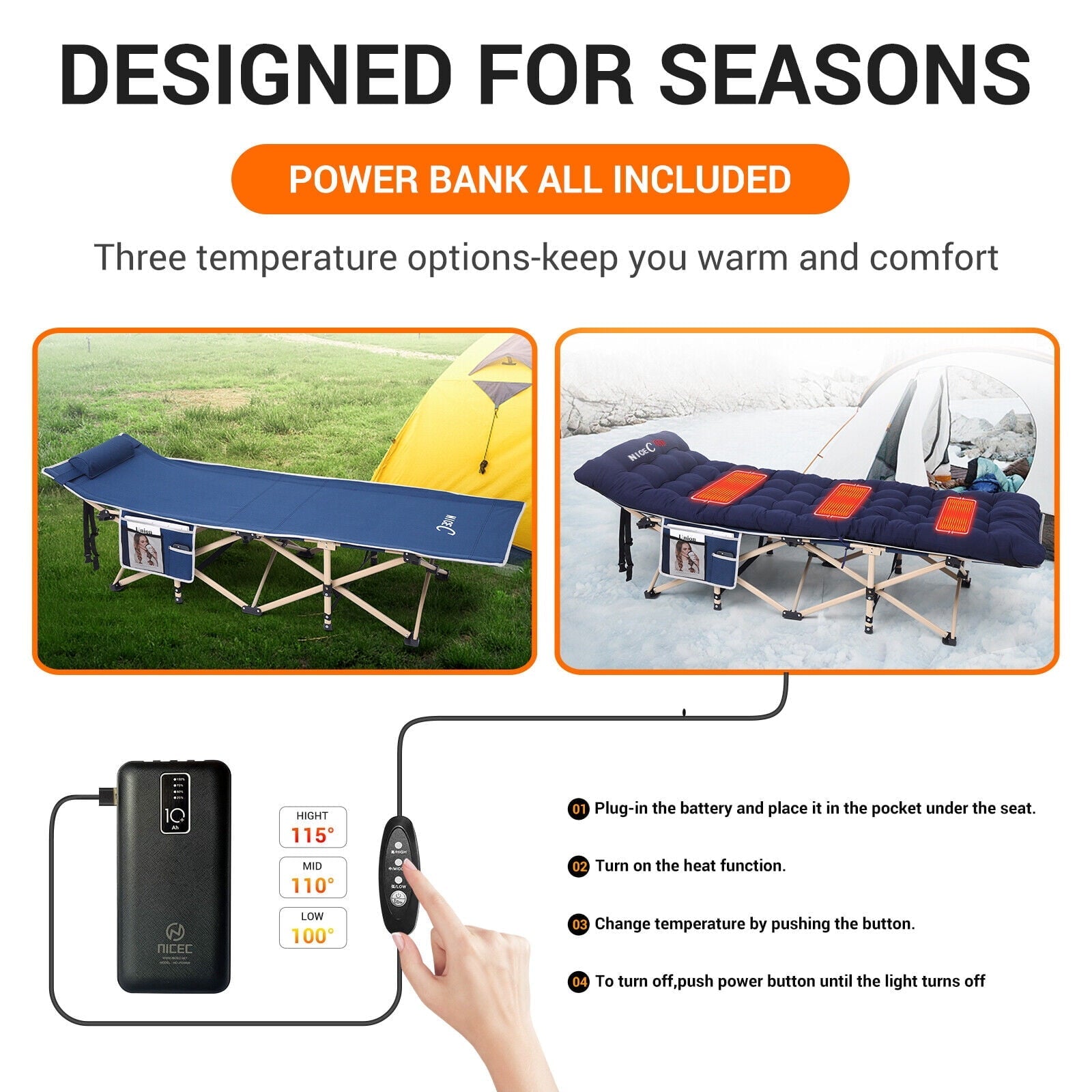 Nice C Camping Cots Heatable w/Mattress, Cots for Adults, Folding Cot, Lounge Chair, w/Carry Bag Extra Wide, Heavy Duty Holds Up to 500 Lbs, Power Bank Included (1-Pack, Navyblue)