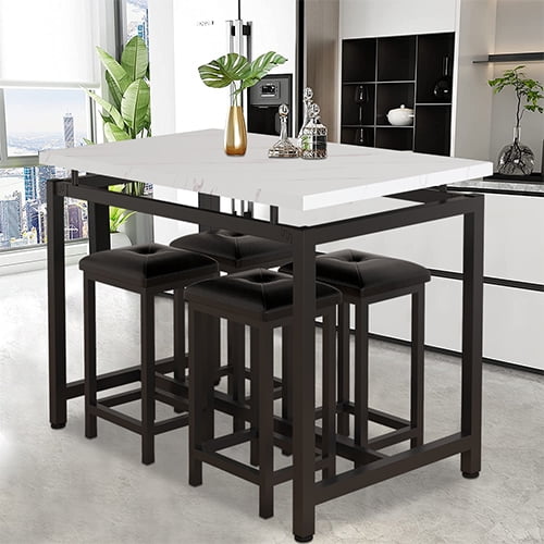 5 Piece Bar Table Set, Kitchen Counter Height Table with 4 Stools, Space Saving Pub Table Set for 4 Person with Metal Frame, Wood Dining Table & Chair Set for Breakfast Nook Pub Bistro, B945