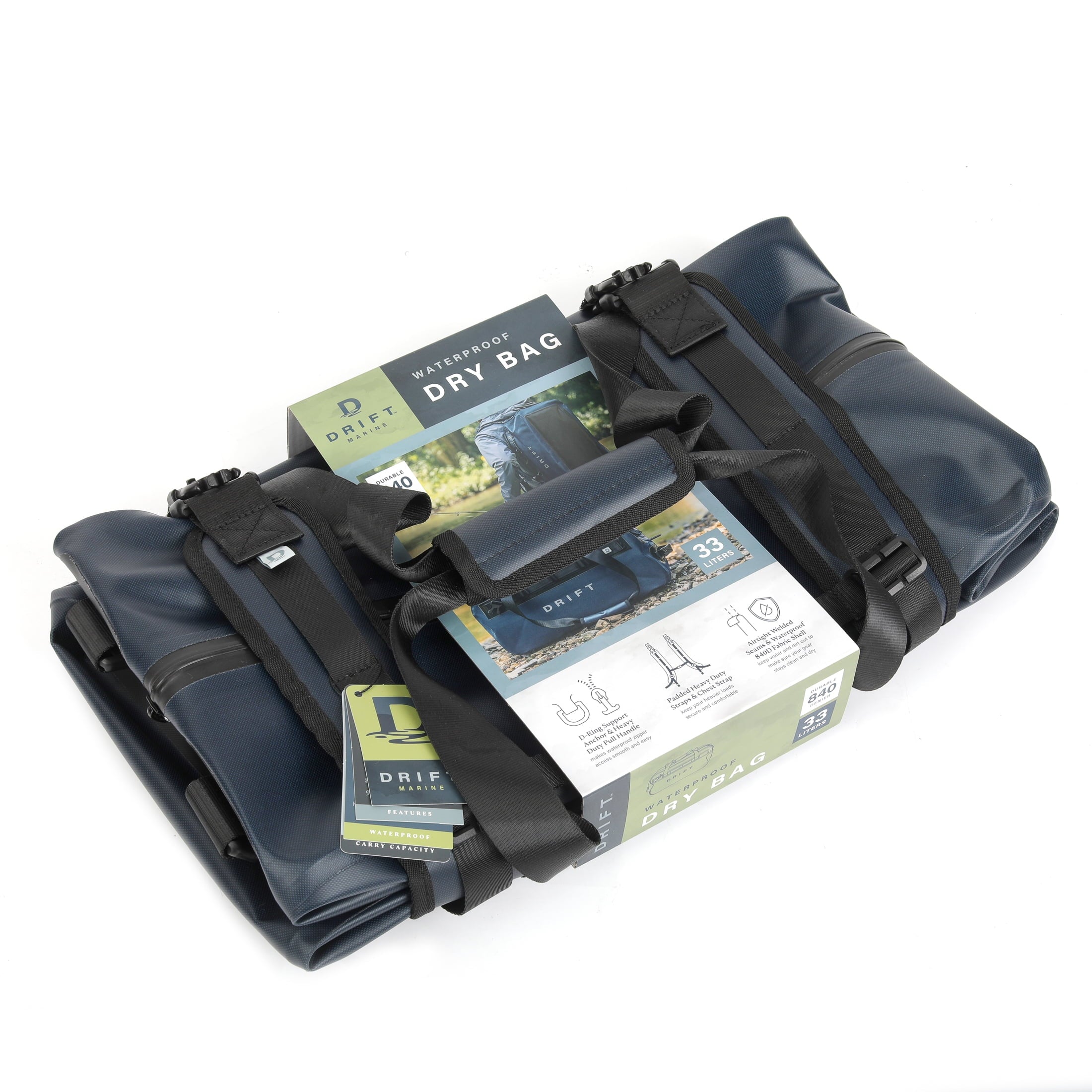 DRIFT Waterproof Boat Bag with Backpack Straps, TPU Coating, 840 Denier, 33L, Navy Blue