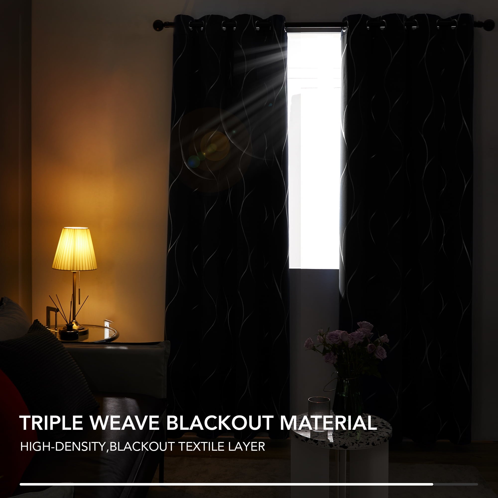 Deconovo Grommet Blackout Curtains Noise Reducing Curtain Silver Foil Wave Print Room Darkening Window Panel Thermal Insulated Drapes 52W x 72L inches Black Set of 2 Panels