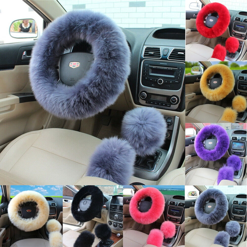 Universal Car Plush Fuzzy Steering Wheel Cover Wool Fur Gear Knob Shifter Brake