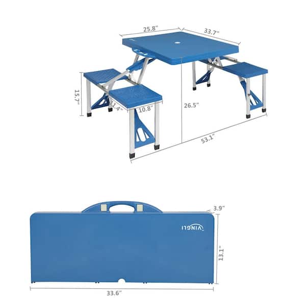 Camping Plastic Picnic Table Set with 4 Seats with Umbrella Hole Folding Lightweight Suitcase For Travel, Outing, Blue
