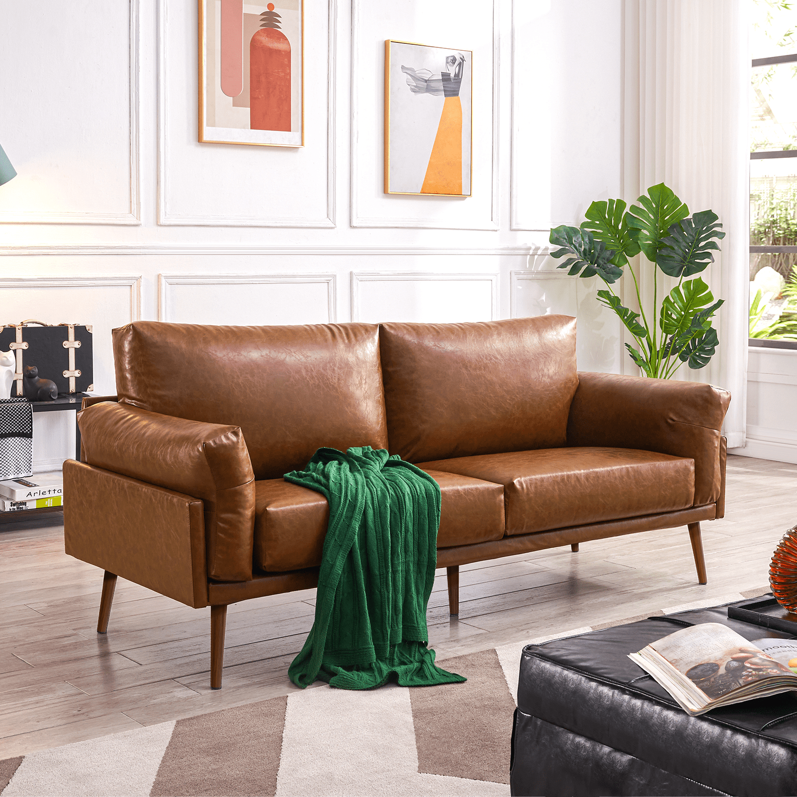 Vonanda Mid Century Modern Sofa Couch, Faux Leather Couch, 3 Seat Couch Soft, 72'' Small Couch for Small Spaces, Sofa for Living room, Compact Apartment, House,Condo, Loft, Bungalow,Brown Sofa,Caramel