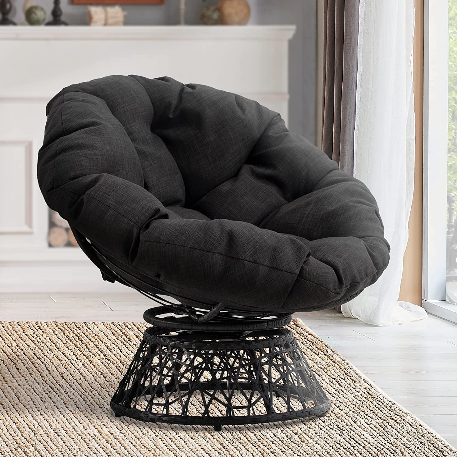 Aile Papasan Chair Soft Thick Density Fabric Cushion Steel Frame with 360 Degree Swivel, Black