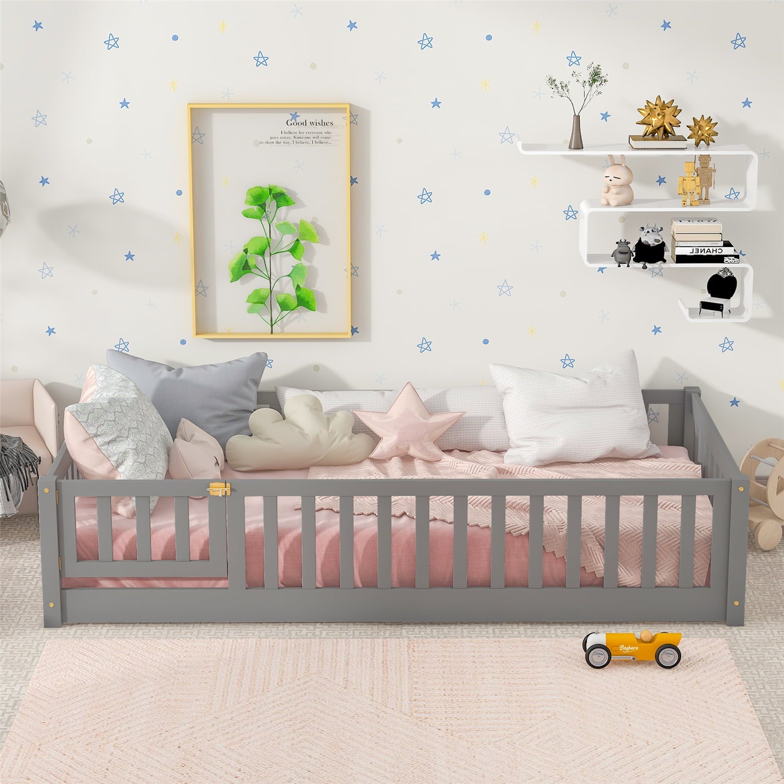 Twin Size Floor Bed Frame, Solid Wood Platform Bed Frame with Safety Fence & Small Door, Montessori Floor Bed with Slats Support for Boys Girls, No Box Spring Needed, Grey