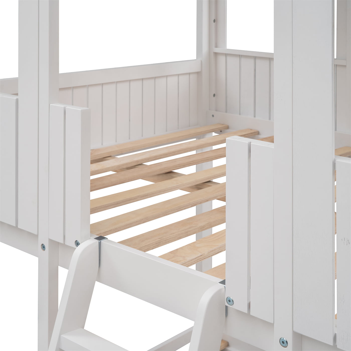 Full Over Full Bunk Bed House Bed with Dual Roofs, Wood Loft Bed Frame with Full-Length Guardrails & Inclined Ladder, Space Saving Design, No Box Spring Needed, White