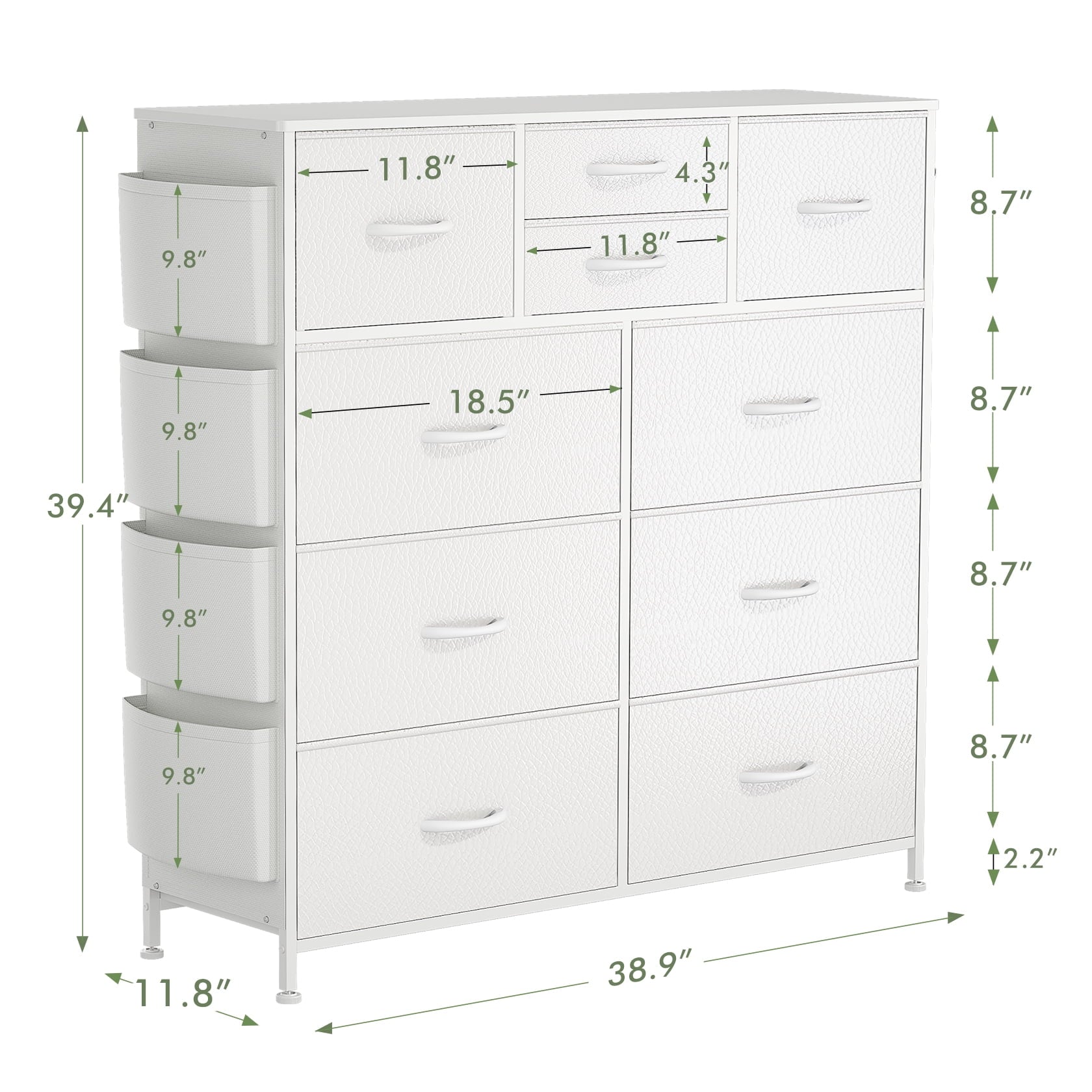 GIKPAL 10 Drawer Dresser, White Dresser Chest of Drawers Dressers for Bedroom Modern PU&Fabric Dresser Tall Dresser with Side Pockets and Hooks, White