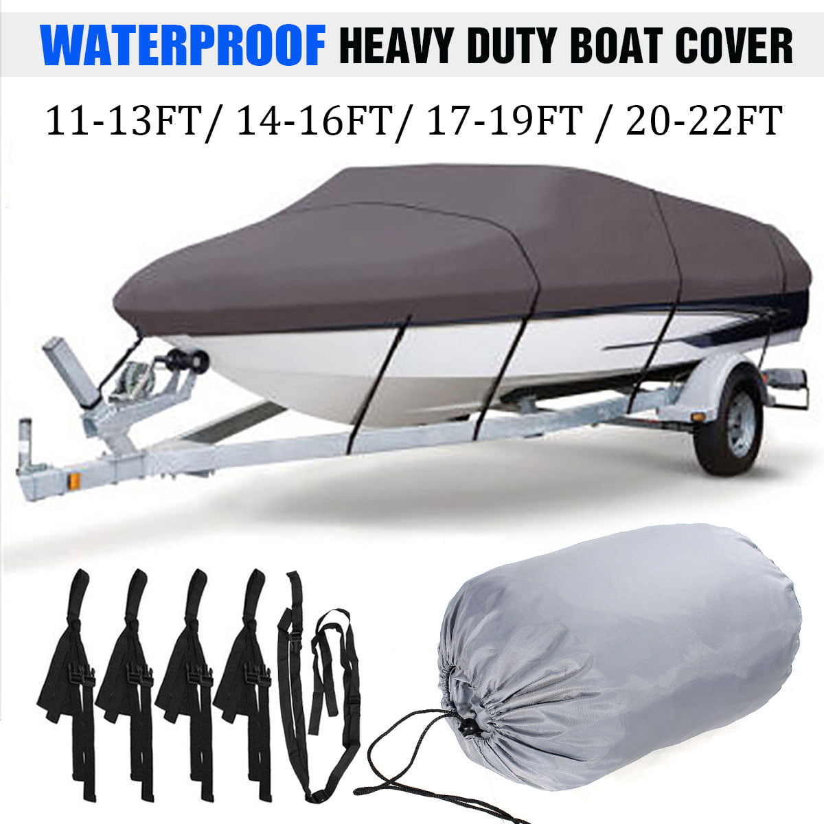 Waterproof and Sunscreen Heavy Duty Trailerable Boat Cover With Storage Bag Fits V-hull Boats 11-13ft/ 14-16ft/ 17-19ft/ 20-22ft Black/ Red/ Green/ Grey/ Blue