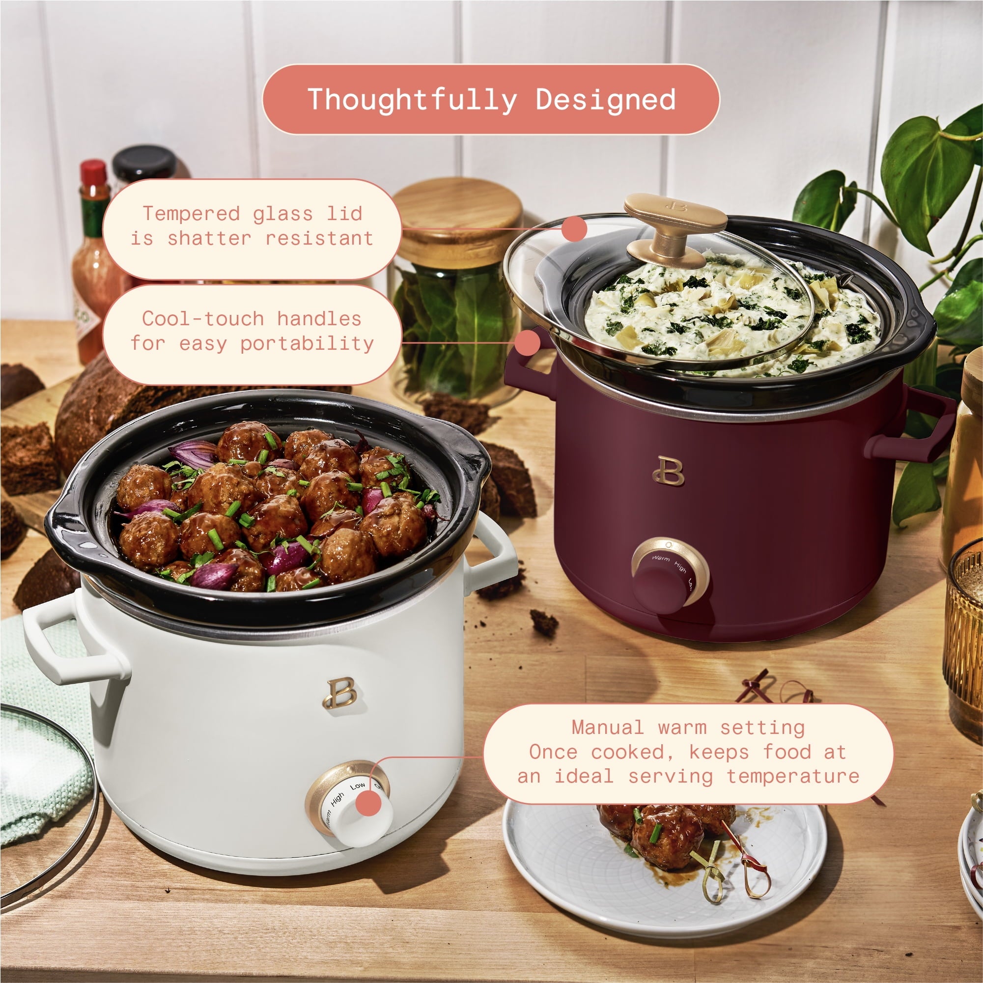 Beautiful 2 qt Slow Cooker Set, 2-Pack, White Icing and Merlot by Drew Barrymore, 19340, 100 W