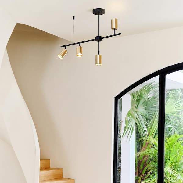 2.3 ft. Matte Black and Brass Adjustable Height Hard Wired Track Lighting Kit with Pivoting Shades, Step Heads