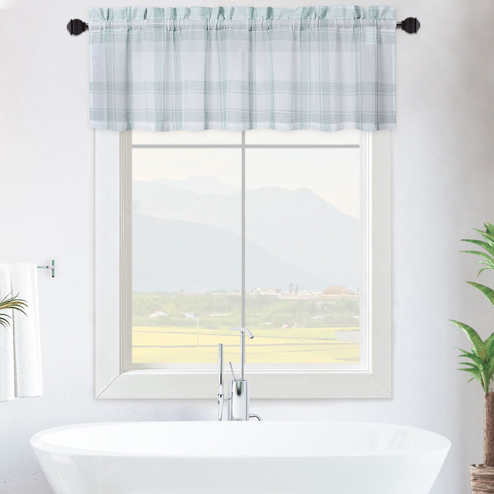 Kitchen Curtains, Green Buffalo Plaid Small Tier Curtains Bathroom Window Curtains, 30 Inch Check Gingham Design Farmhouse Café Curtain Set Linen Window Treatment Sets, Sage, Set of 2