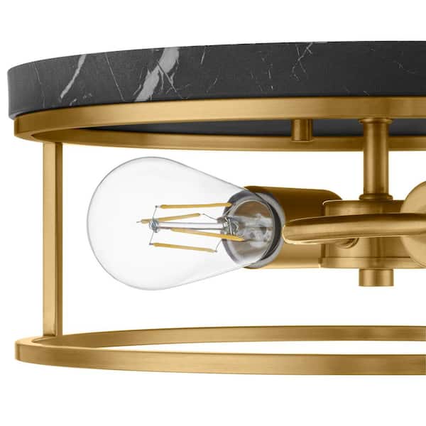 Cogburn 13 in. 2-Light Antique Brass with Black Marbled Base Flush Mount